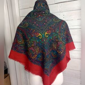 Vintage Paisley Silk Scarf Wrap Shawl Red Border Boho Gypsy Style Square